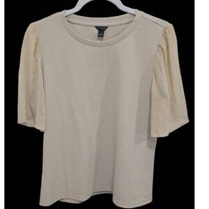 Ann Taylor Beige Contrast Silky Sleeve Knit Top – Elegant Textured Short Sleeve